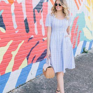 Draper James Windowpane Check Blue & White Linen Midi Dress size 4